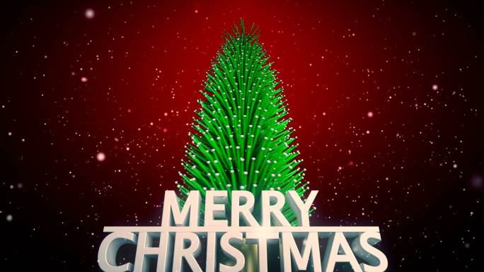 欢乐圣诞概念，圣诞树翻动，雪花飘落。在红色背景上循环3D动画