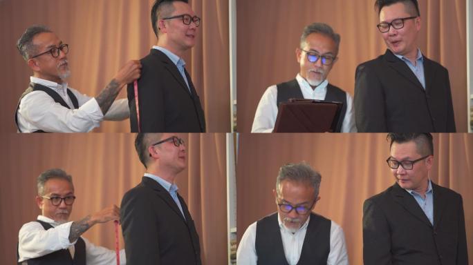 亚裔中国高级男子裁缝用卷尺测量客户的体型，在工作室制作新西装，并用数字平板记录下创纪录的数字