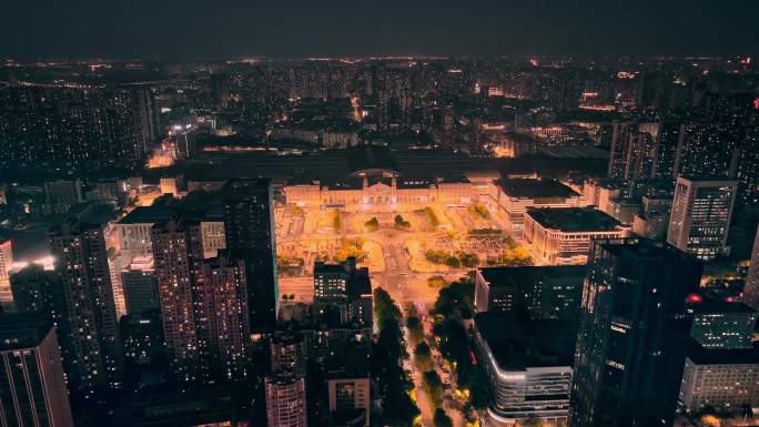 武汉汉口火车站夜景航拍