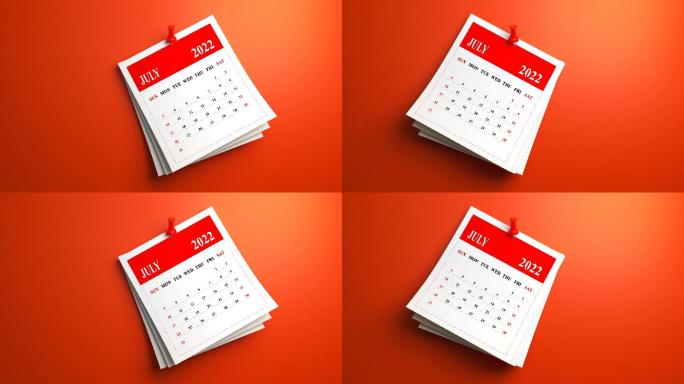 红色背景上的2022年七月日历。循环视频