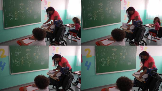 老师在教室里教一个残疾男生
