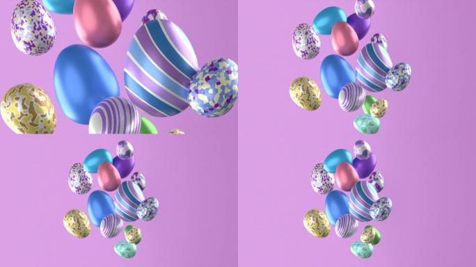 在4K分辨率的紫色背景下流动的多色装饰复活节彩蛋