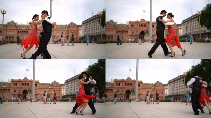 拉丁情侣在城市广场跳探戈
