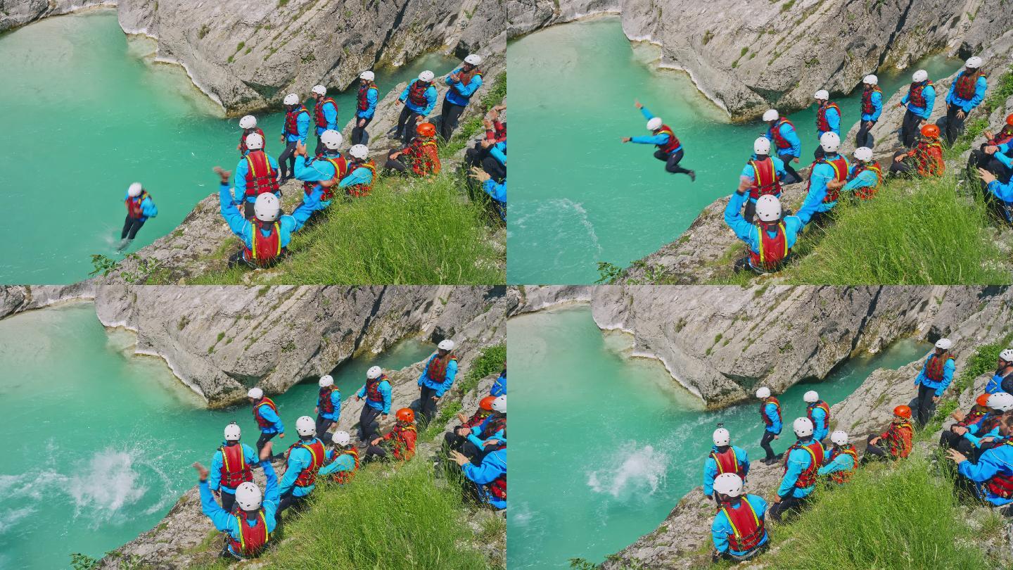 当漂流队的队友们在旅行结束后跳入河中时，人们欢呼着