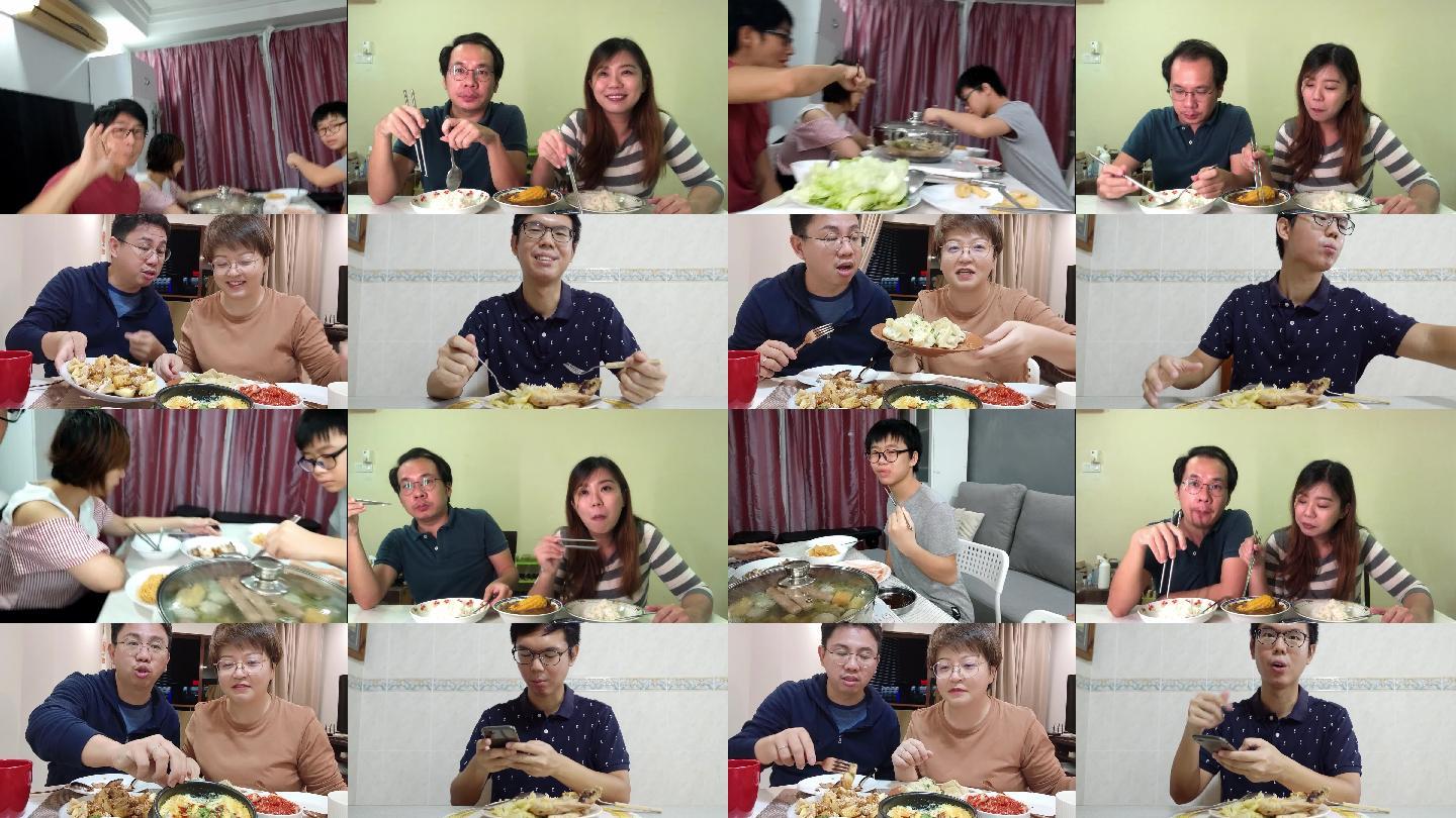 分屏亚裔中国夫妇在餐桌前举着杯子，看着相机，在晚餐时间微笑着看着家人