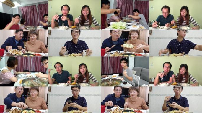 分屏亚裔中国夫妇在餐桌前举着杯子，看着相机，在晚餐时间微笑着看着家人