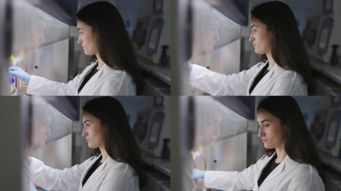 在实验室无菌区工作的女科学家肖像照片