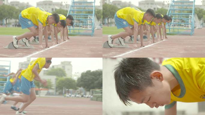 校运会学生跑步比赛起跑流汗田径跑步冲刺跑