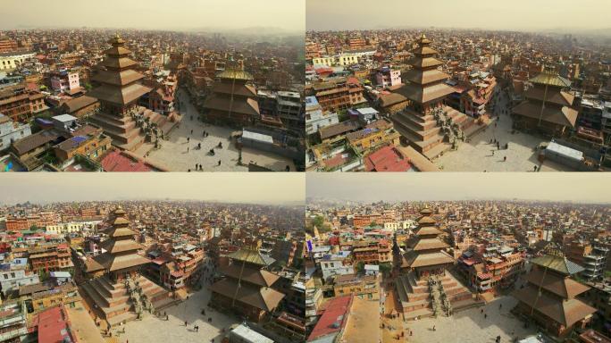 Bhaktapur Durbar广场周围的无人机透视图