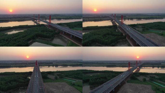山东济南：航拍凤凰黄河大桥落日夕阳如画