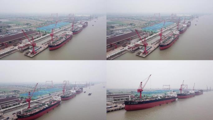河岸船舶轮船港口码头航拍空镜A006