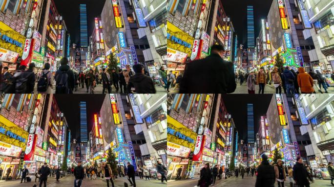 在日本东京市的街道上行走着一群不明身份的人，新宿在夜间的4K时间流逝。日本文化与购物霓虹街概念