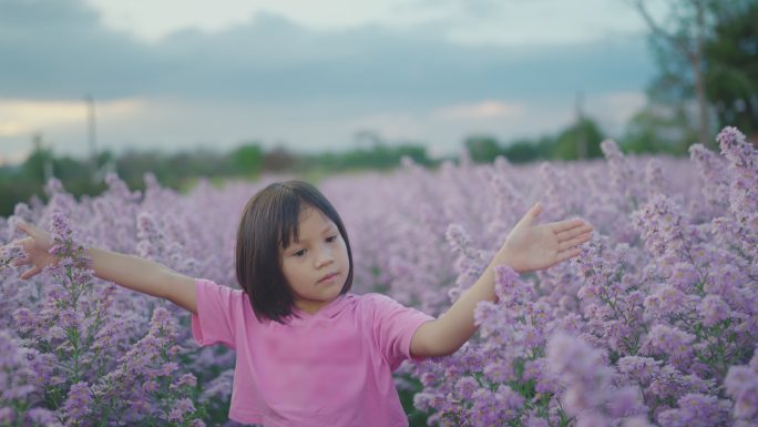 慢动作。女孩的手抚摸着白花的花朵。