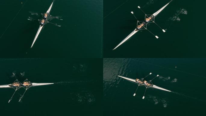 空中跟踪两名运动员双桨划过湖面