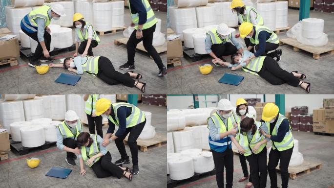 亚洲女工在仓库晕倒。