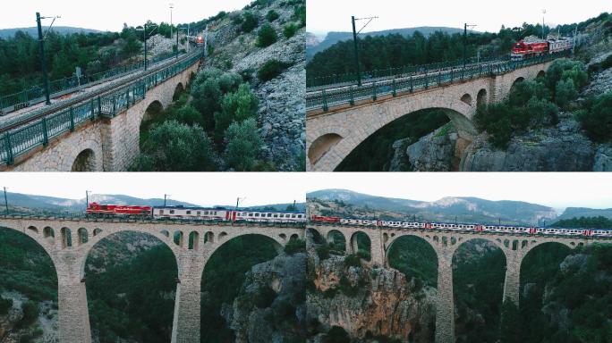 土耳其阿达纳大型德国铁路高架桥上的列车-4K无人机视频