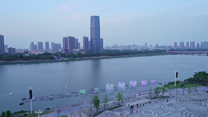 航拍上虞曹娥江水上音乐喷泉,城市阳台