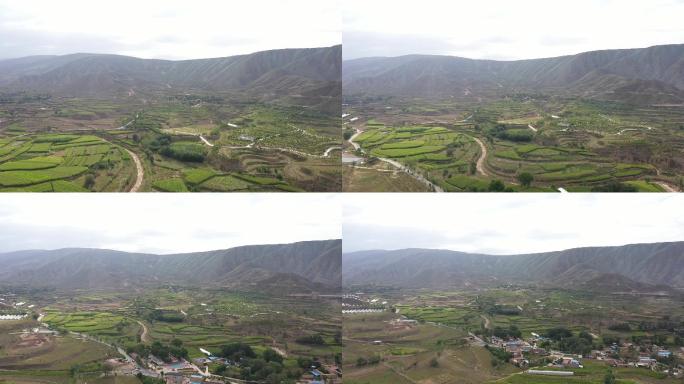 航拍黄土高原 沙漠绿洲 村庄