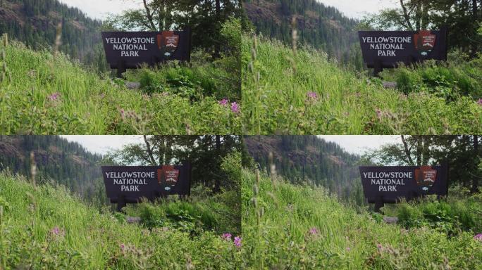 黄石国家公园欢迎标志被森林和落基山脉环绕