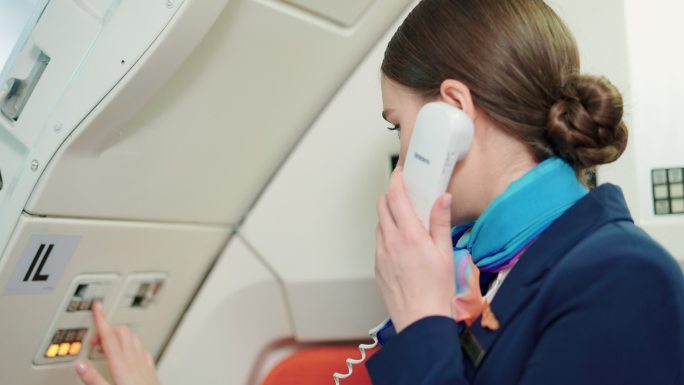 专业客舱乘务员在飞行中使用对讲机并拨打紧急电话。