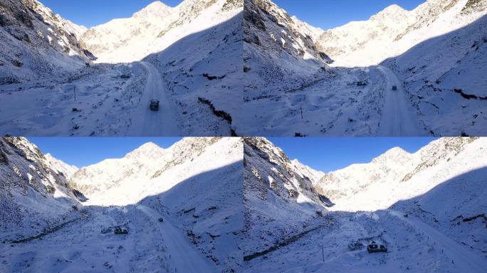 汽车行驶 雪山公路 白雪皑皑 自驾游