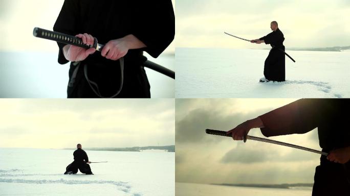 手持剑的武士日本武士雪中练武
