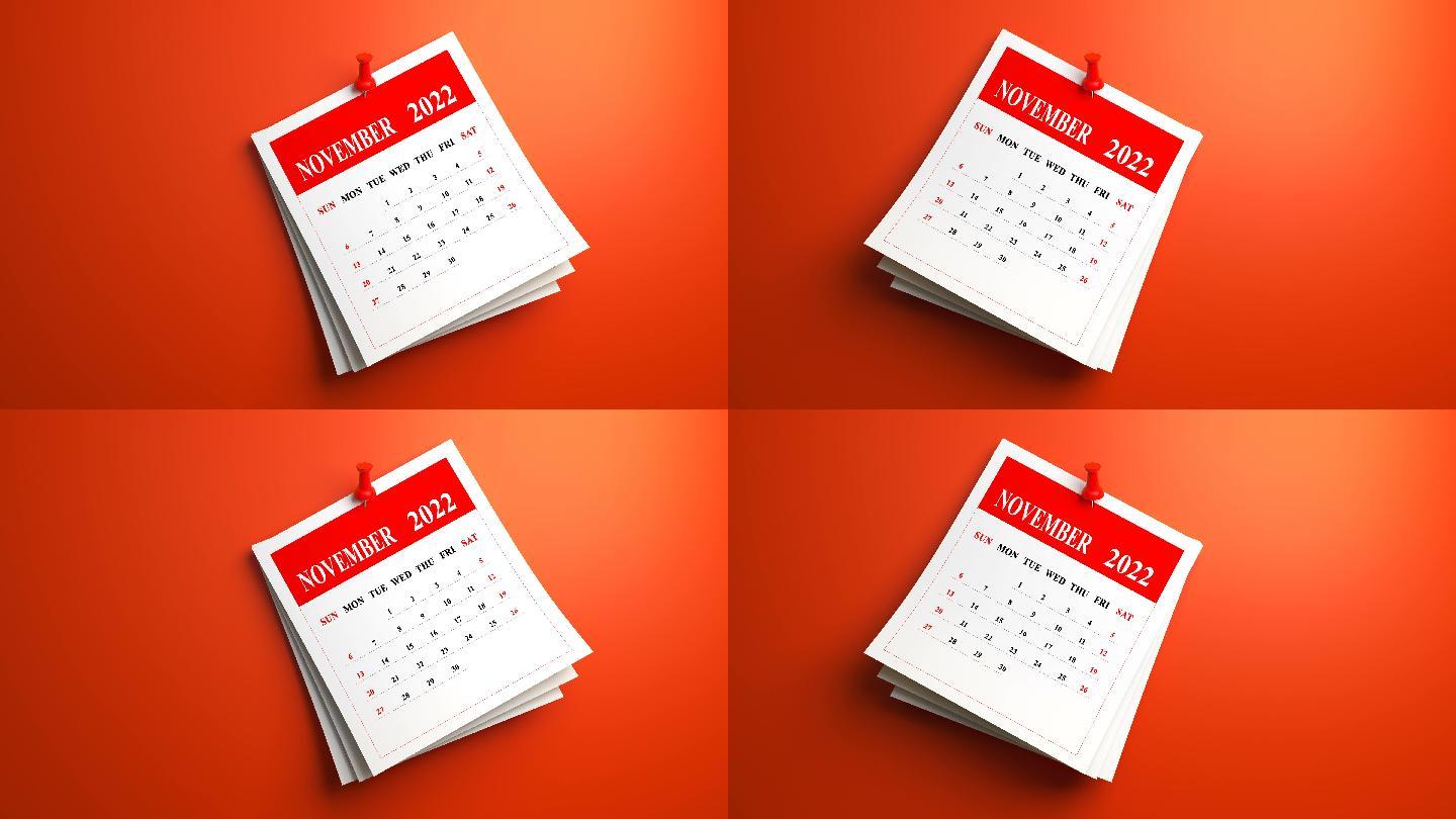 红色背景上的2022年11月日历。循环视频