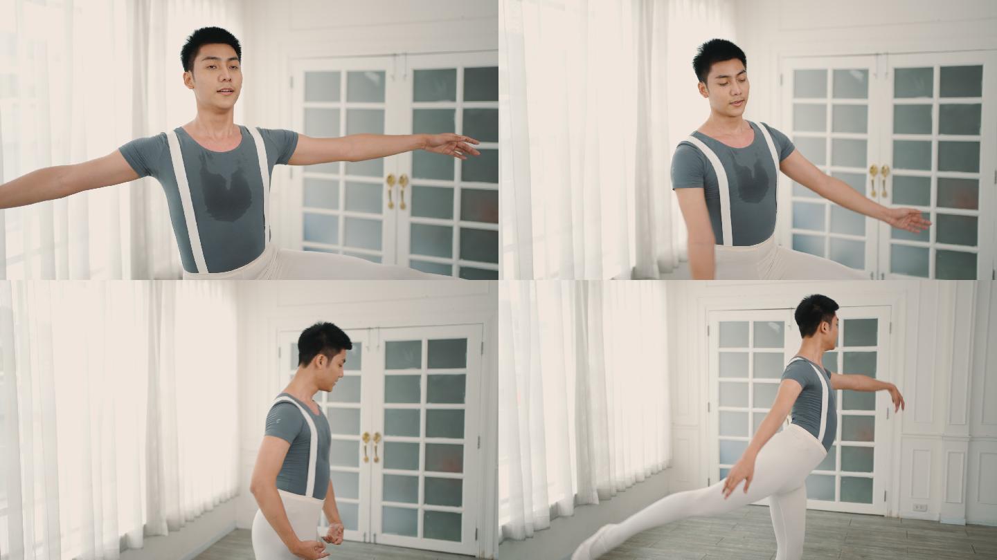 亚洲男子在工作室练习芭蕾舞动作