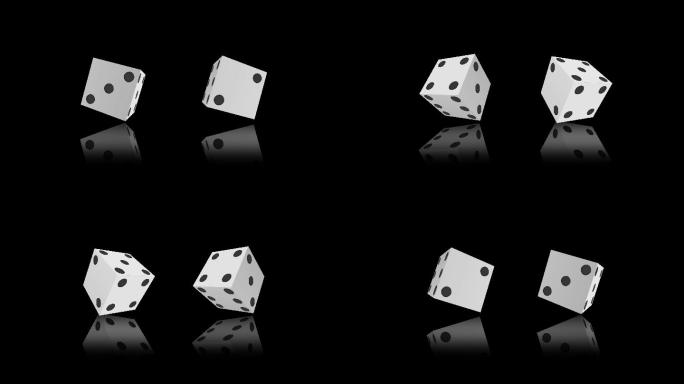 4K白色扑克骰子在黑色背景上随机滚动，可循环