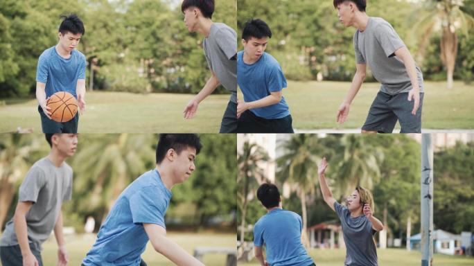 中国亚裔少年周末早上一起打篮球
