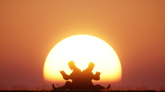 清晨青年背靠背草地上看书学习晨读日出剪影