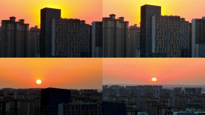 城市群楼，太阳落山，傍晚城市航拍4k素材