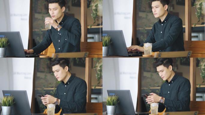 微笑的专业年轻亚裔华商在露天咖啡厅使用笔记本电脑