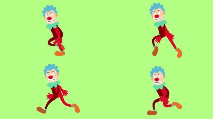 小丑动画创意理念，卡通小丑人奔跑，可循环，绿色背景隔离