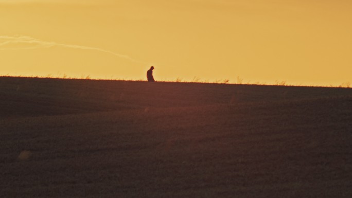 黄昏时分，戴着太阳帽的斯洛莫农民在麦田里打电话