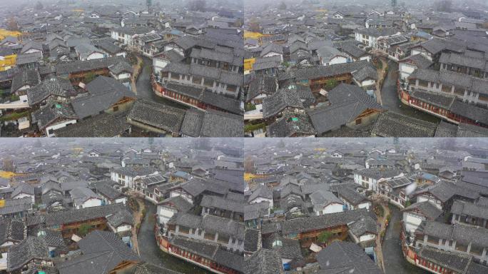 丽江古城下雪冬季航拍