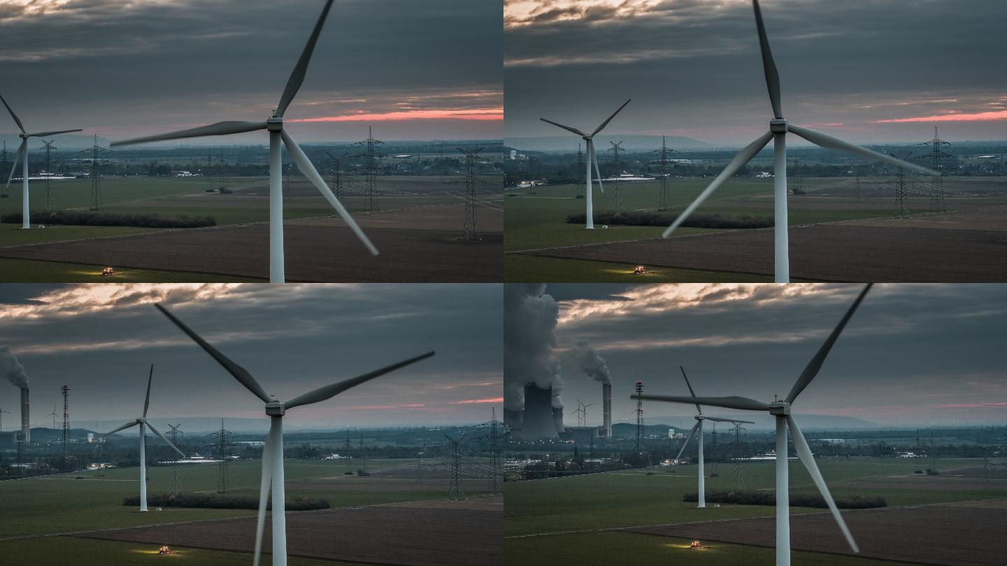 风力涡轮机和燃煤发电站-鸟瞰图