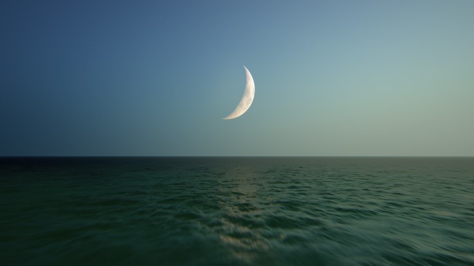 夜间飞越海洋海上弯月海平面海水景色风景风