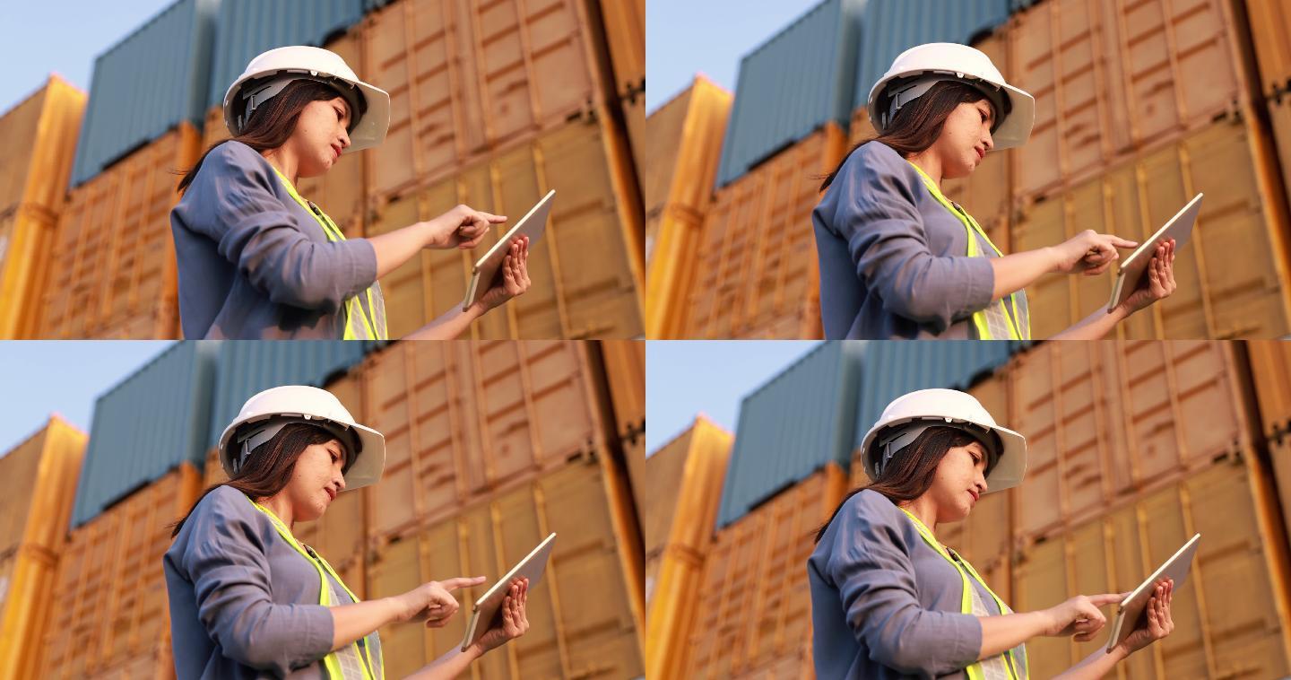 戴安全帽的女工程师先人使用带货柜背景的数字平板电脑