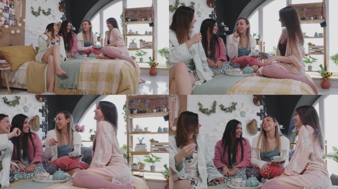 四个女朋友在床上喝茶聊天