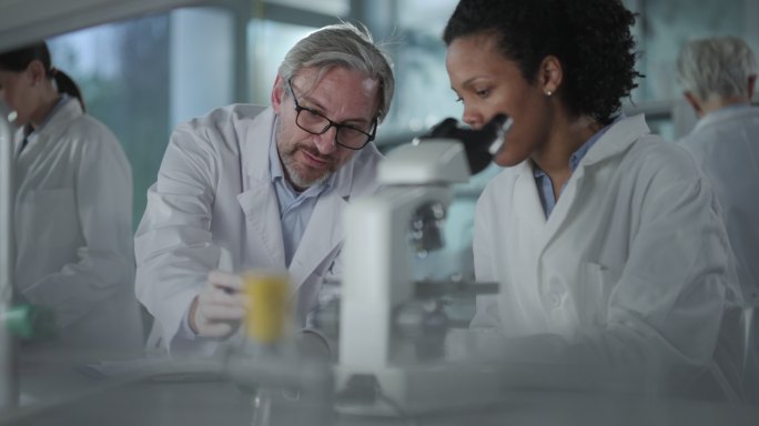 科学家在实验室研究化学物质时进行合作。