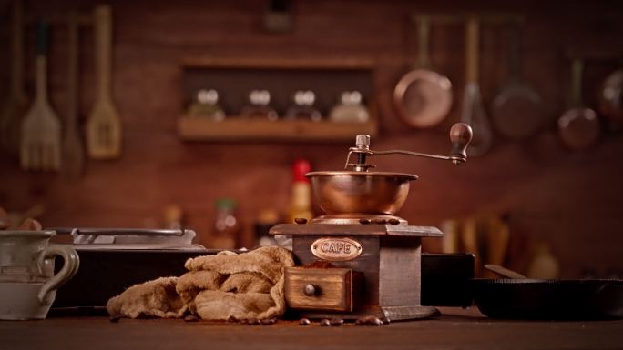 乡村厨房柜台上咖啡研磨机的全景图。