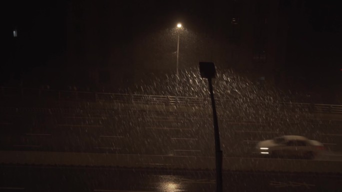 冬夜  鹅毛大雪 路灯 夜景道路车辆