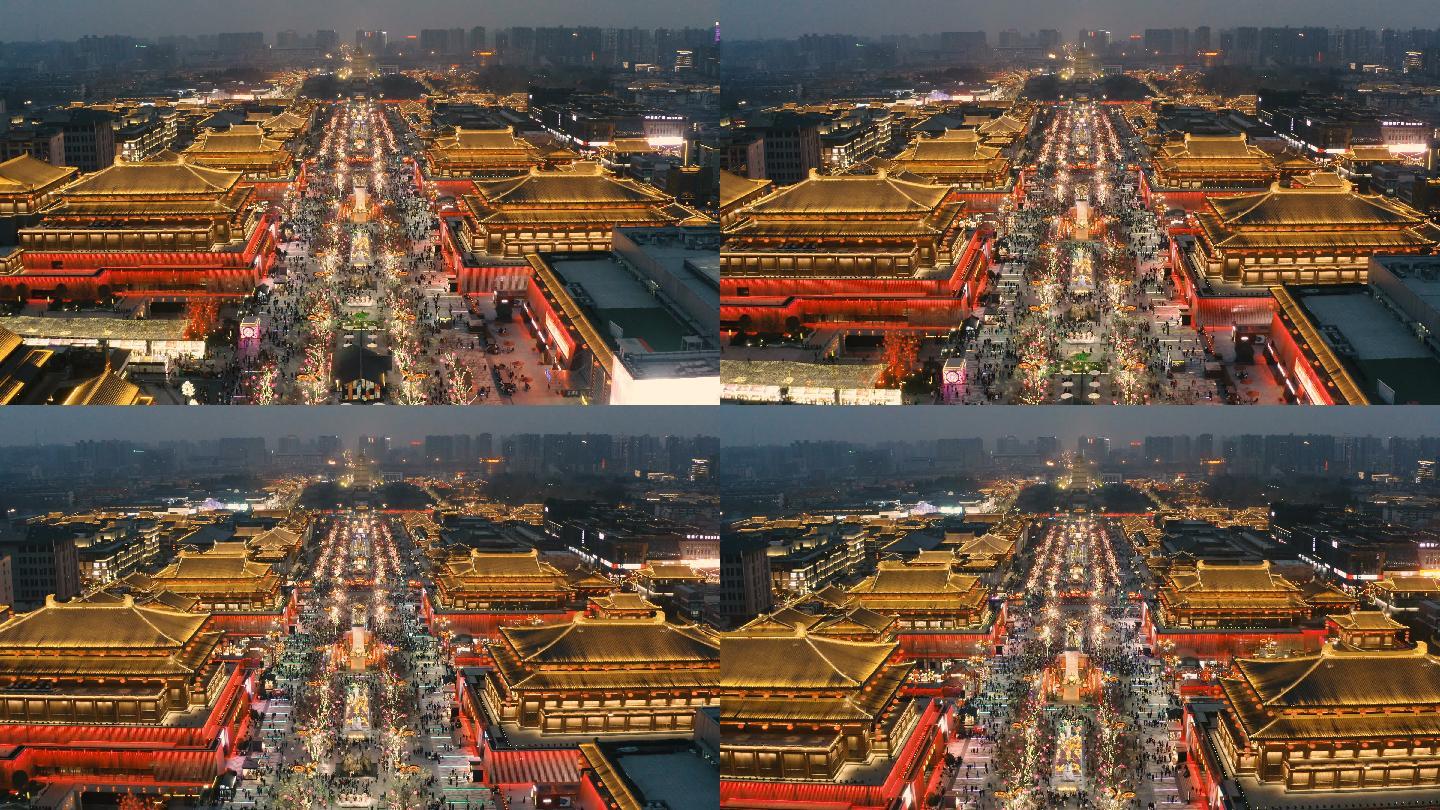 中国西安大唐光大城夜间鸟瞰图。