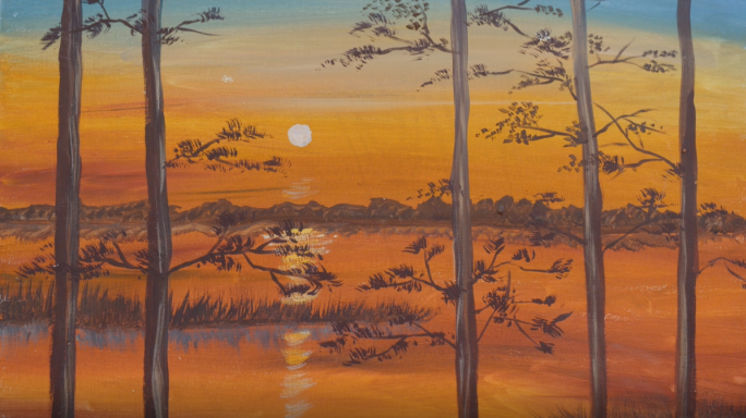 女士手绘风景画湖边日落水彩画手部特写