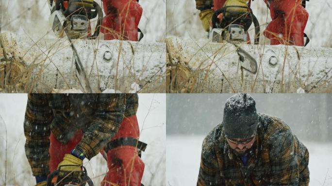 在一个下雪的冬日，一个30多岁的白人男子留着胡子，用电锯锯锯着一根白杨木