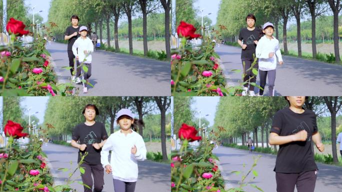 4K升格慢镜头清晨跑步晨练的中国母女