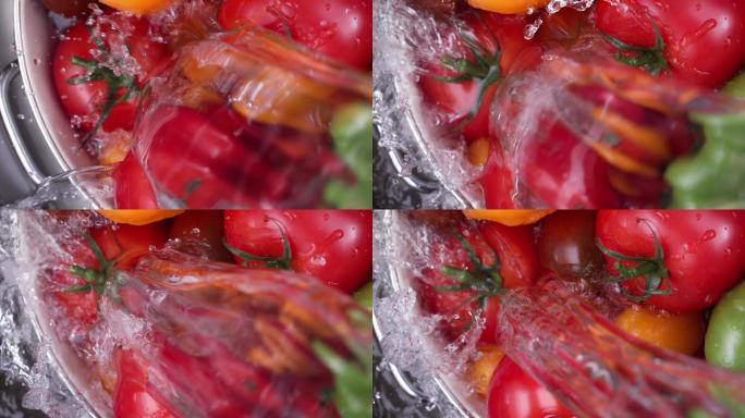 清洗西红柿和甜椒超慢镜头视频