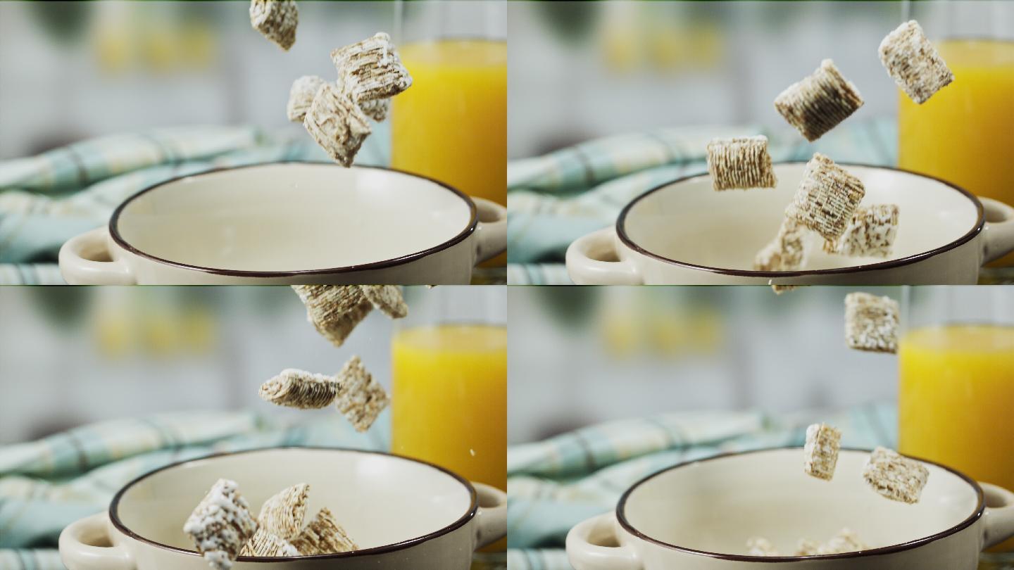燕麦方块玉米片落入碗中超慢镜头