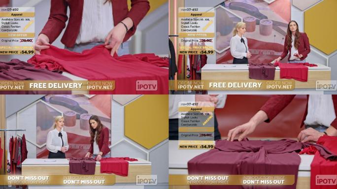 英国信息广告蒙太奇：电视节目中的女造型师与女主持人谈论桌上裙子的设计